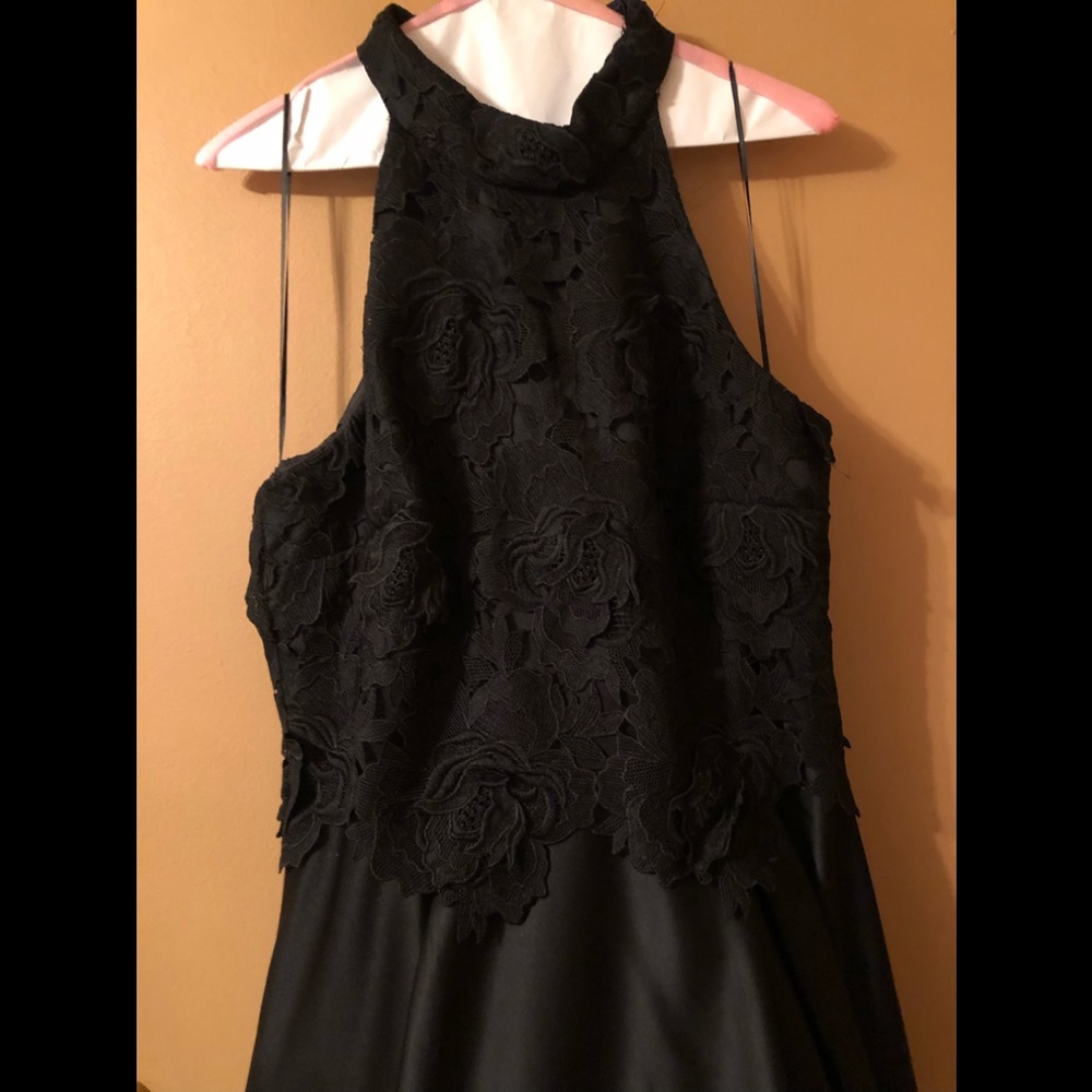 Nicole Miller Black High-Low Lace Halter Dress